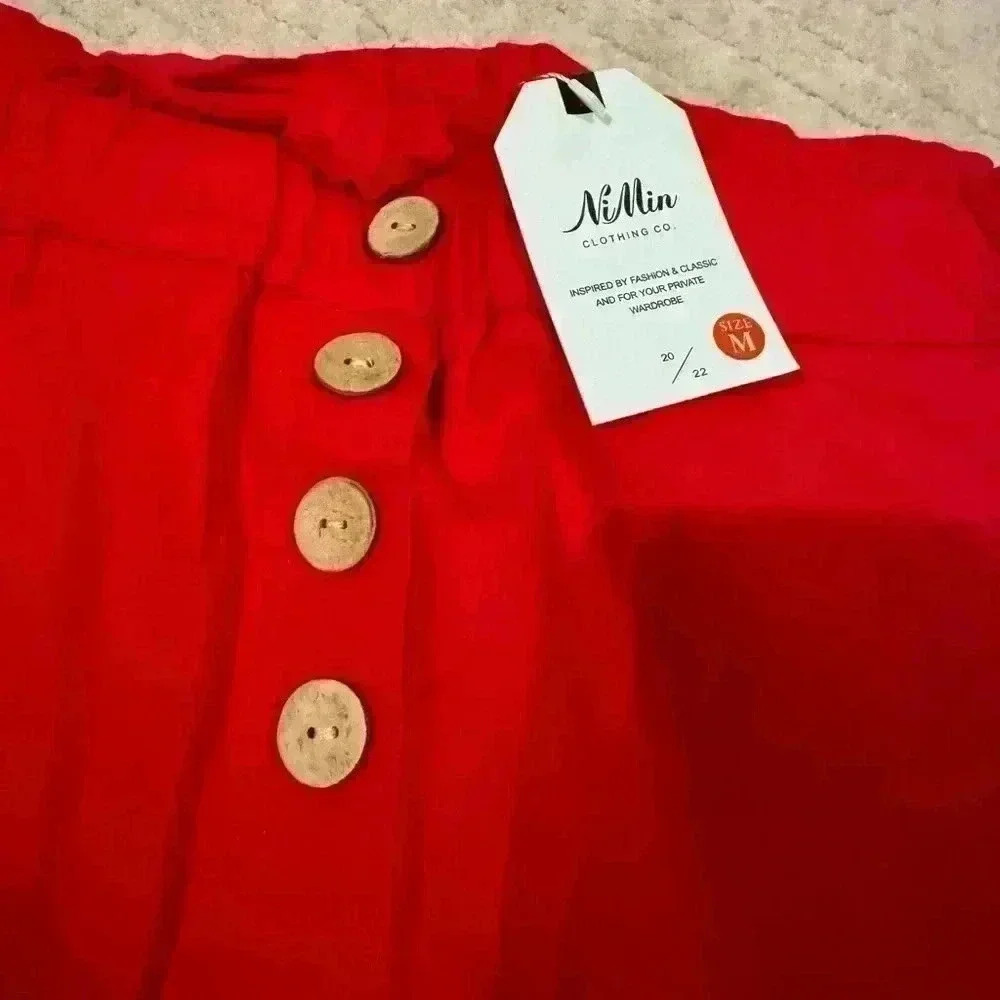 Red Straight-Leg Pants with Button Front